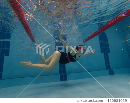 Pregnant Woman Underwater in Swimming Pool 120681039