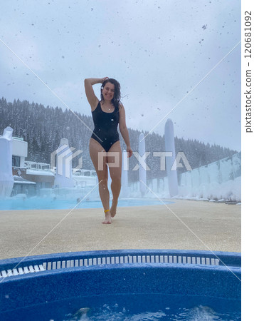 Winter Poolside Relaxation in Snowy Landscape 120681092
