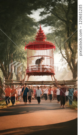 The image shows a large crowd carrying a grand, ornate cage with a cat inside during a traditional parade. 120681285