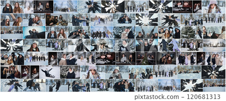 A photo collage of school children and their winter vacation adventures. 120681313