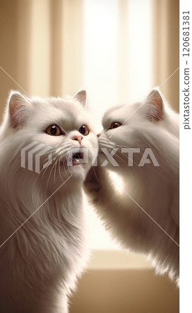 The image shows two white cats in a sunlit room, one seemingly whispering or hissing to the other. 120681381