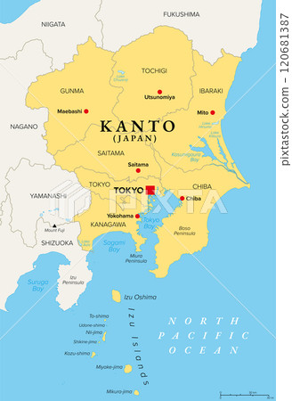 Kanto region of Japan, political map. Geographical region of the island Honshu, including the Greater Tokyo Area, encompassing prefectures Gunma, Tochigi, Ibaraki, Saitama, Tokyo, Chiba and Kanagawa. 120681387