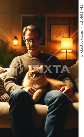 The image portrays a cozy scene of a man relaxing on a couch with his fluffy orange cat in a warmly lit room. The image portrays a cozy scene of a man relaxing on a couch with his fluffy orange cat in a warmly lit room. 120681442