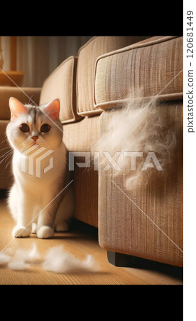 A cat sits beside a couch with tufts of fur around it. 120681449