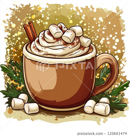 Hot Cocoa with Whipped Cream, Marshmallows, and Cinnamon Stick Hot Cocoa with Whipped Cream, Marshmallows, and Cinnamon Stick 120681474
