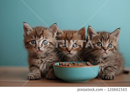Selective focus of A group of kittens are eating in the house. Selective focus of A group of kittens are eating in the house. 120681583