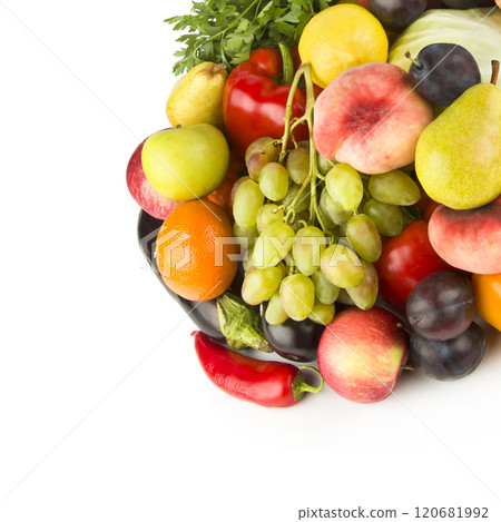 Set of vegetables and fruits isolated on a white. Free space for text. 120681992