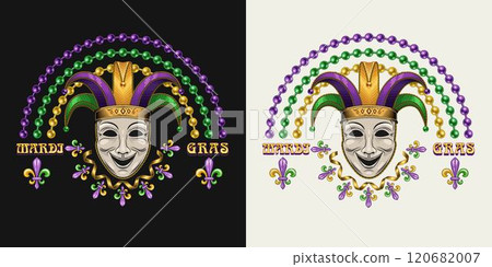 Rainbow label made with bead strings, Fleur de Lis sign, theatrical comedy face mask with jester harlequin hat Design element for Mardi Gras decoration. 120682007