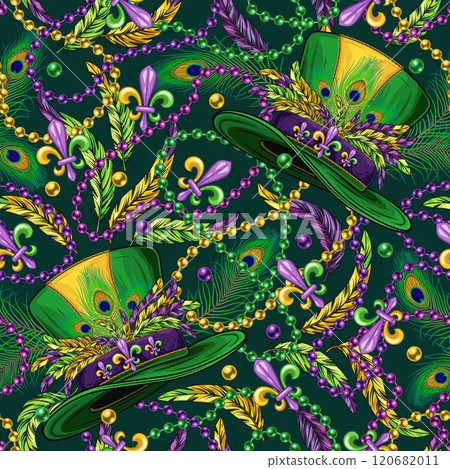 Seamless Mardi Gras pattern with tall top hat with belt, bunch of colorful feathers, randomly scattered Fleur de Lis sign, beads, interlaced strings of beads on dark green background. Vintage style 120682011
