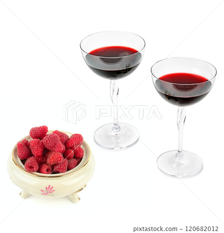 Raspberries in a vintage porcelain bowl and raspberry juice in a glasses isolated on a white. Collage. Free space for text. Raspberries in a vintage porcelain bowl and raspberry juice in a glasses isolated on a white. Collage. Free space for text. 120682012