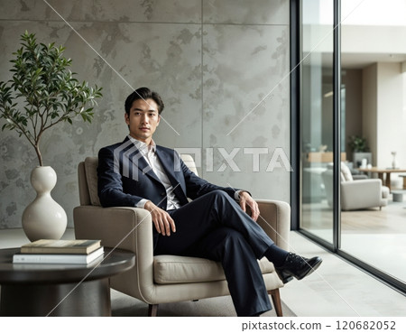 Businessman in a minimalist interior. 120682052