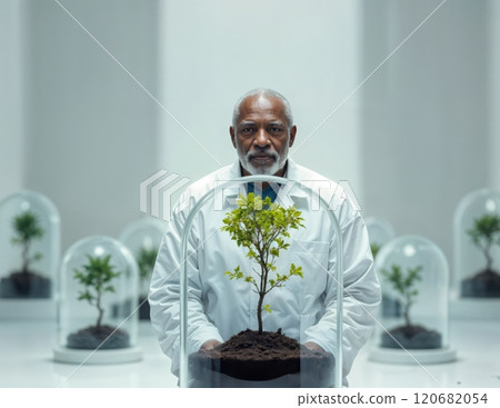 Scientist with a sprout in a laboratory. 120682054