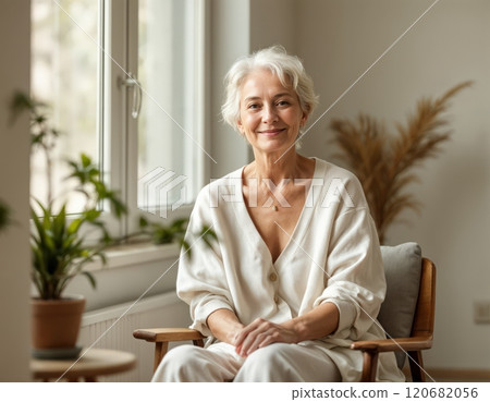 An elderly woman at home by the window. 120682056