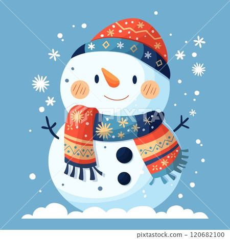 New Year card. A snowman in an orange hat and a scarf decorated with snowflakes 120682100