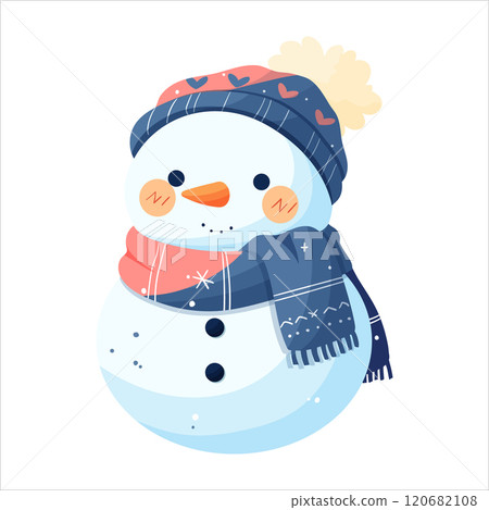 A snowman in a blue hat and a blue scarf decorated with snowflakes and hearts. 120682108