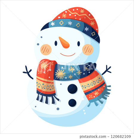 A snowman in an orange hat and a blue scarf decorated with snowflakes. 120682109
