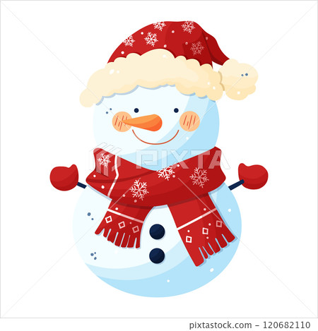 A snowman in a red hat and a red scarf decorated with snowflakes. 120682110