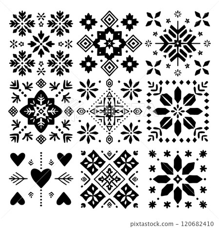 Black and White Scandinavian Folk Patterns Vector Set 120682410