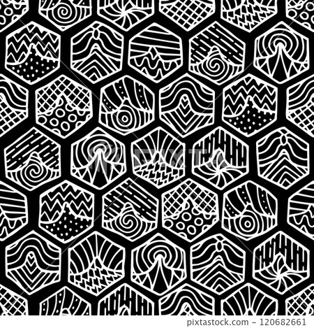 Hand drawn seamless pattern with doodle filled hexagons 120682661