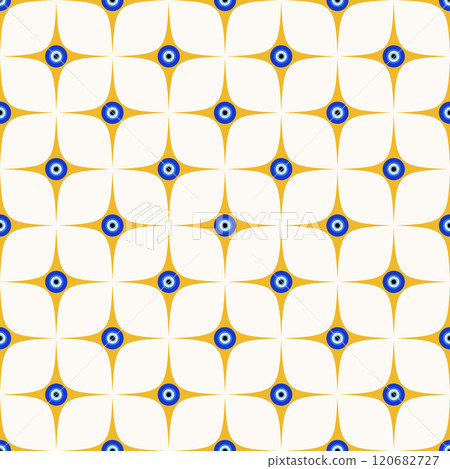 Evil eye seamless pattern. Greek vector background with blue beads and stars. Turkish nazar - ethnic symbol of protection and luck. Mystic amulet with astrology ornament. Cute cosmic decoration Evil eye seamless pattern. Greek vector background with blue beads and stars. Turkish nazar - ethnic symbol of protection and luck. Mystic amulet with astrology ornament. Cute cosmic decoration 120682727