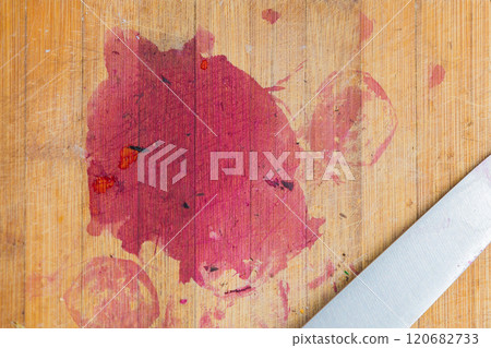 Knife and Red Stain on Wooden Cutting Board Knife and Red Stain on Wooden Cutting Board 120682733