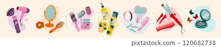 Hair care tools set. Hair care accessories, shampoo and essential oil, comb brush, mirror 120682738