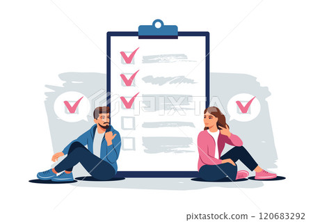 Survey concept. Feedback from customers or opinion form. Client answers understanding with professional research team. Characters filling survey form. Survey concept. Feedback from customers or opinion form. Client answers understanding with professional research team. Characters filling survey form. 120683292