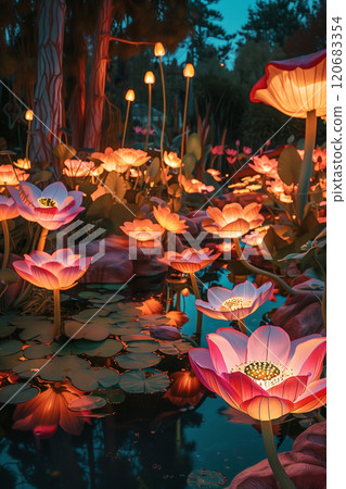 Enchanting garden with giant flowers and glowing mushrooms illuminated by magical light 120683354