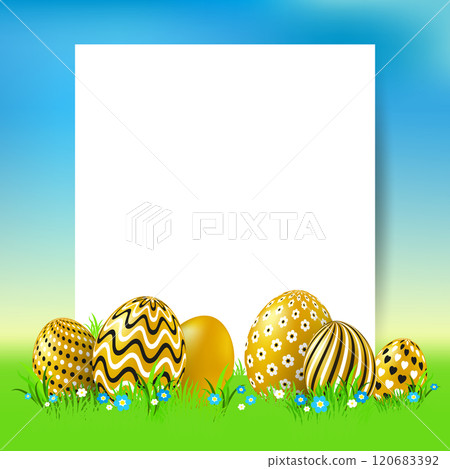 Easter background with gold eggs and empty paper on nature background. Easter background with eggs in grass with place for text. 120683392