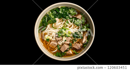 Bowl of authentic Vietnamese Pho Bo with tender beef, rice noodles, and fresh herbs. Flavorful healthy soup traditional Vietnamese meal. Photo black background Bowl of authentic Vietnamese Pho Bo with tender beef, rice noodles, and fresh herbs. Flavorful healthy soup traditional Vietnamese meal. Photo black background 120683451