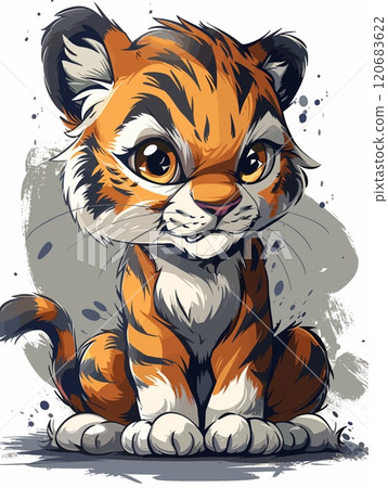 Cute cartoon tiger sitting on a grunge background. Vector illustration 120683622