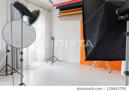 Lighting equipment of a photo studio for the work of a photographer Lighting equipment of a photo studio for the work of a photographer 120683708