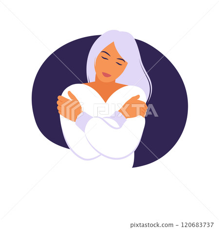 Love yourself. Love your body concept. Take time for yourself. Smiling woman hug herself. Body care concept isolated on white background. 120683737