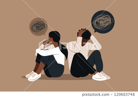 African man and a woman in a quarrel. Conflicts between husband and wife. Two characters sitting back to back, disagreement, relationship troubles. Concept of divorce, misunderstanding in family. 120683748