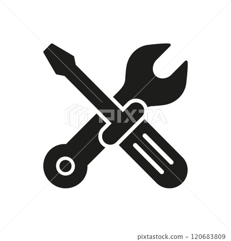Technical Support Silhouette Icon. Screwdriver and Wrench Glyph Sign for Repair Services. Maintenance and Repair Tool Symbol. Isolated Vector Illustration 120683809