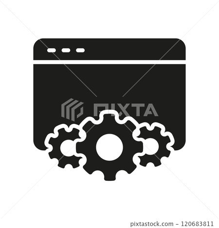 Web Configuration and Settings Silhouette Icon with Gears for Digital Maintenance. Internet Browser and Gear for Technical Support Symbol. Isolated Vector Illustration 120683811