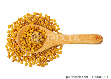 Bee pollen grains in wooden spoon isolated on white background. Top view. Flat lay Bee pollen grains in wooden spoon isolated on white background. Top view. Flat lay 120683901