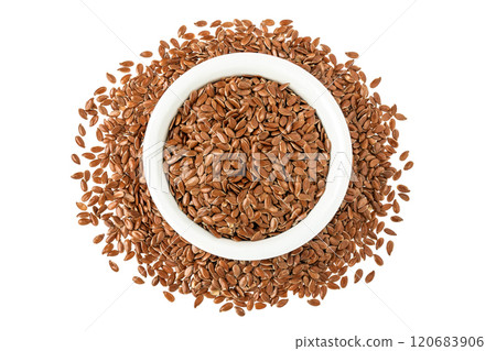 flaxseed in ceramic bowl isolated on white background. Top view. Flat lay 120683906