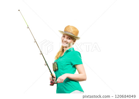 Woman with fishing rod, spinning equipment Woman with fishing rod, spinning equipment 120684049