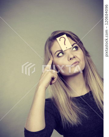 Closeup of woman thinking face expression 120684096