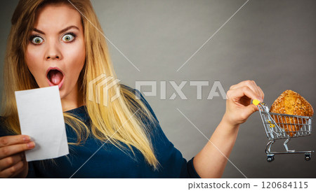 Shocked woman holding shopping basket with bread Shocked woman holding shopping basket with bread 120684115
