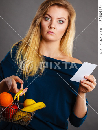 Worried woman holding shopping basket with fruits 120684124