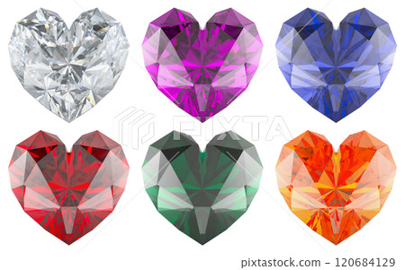 Colored gems in the shape of heart. 3D rendering 120684129