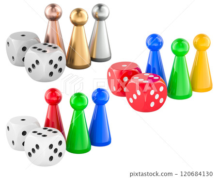 Board game pieces and dice, different colors. 3D rendering 120684130