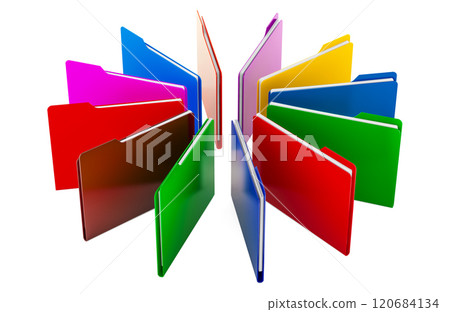 Colored computer folders in circle, 3D rendering isolated on black background Colored computer folders in circle, 3D rendering isolated on black background 120684134