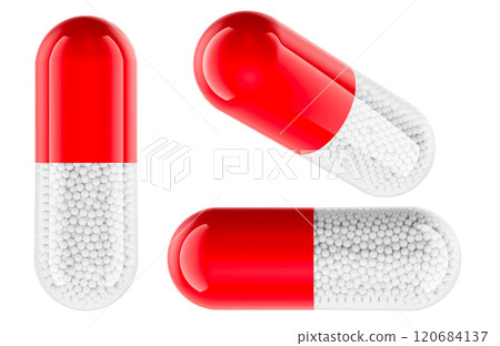 Red medicament capsules, side and front views. 3D rendering 120684137