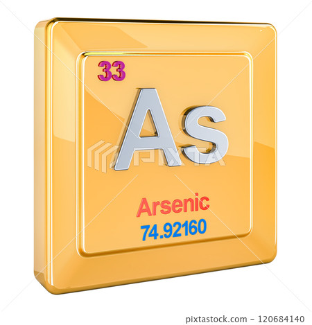 Arsenic As, chemical element sign with number 33 in periodic table. 3D rendering 120684140