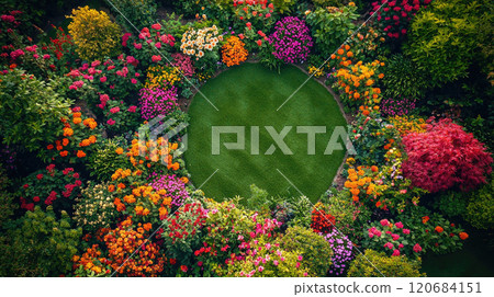 Aerial top view of round grass area in home garden, design of luxury house backyard or landscaped yard, beautiful background. Concept of landscaping, flower 120684151