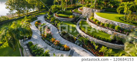 Aerial view of terraced home garden, design of luxury house backyard or landscaped yard with retaining walls and path. Concept of landscaping, stone 120684153