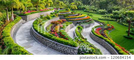 Scenic view of terraced home garden, design of luxury house backyard or landscaped yard with retaining walls and path. Concept of landscaping, stone, summer. 120684154
